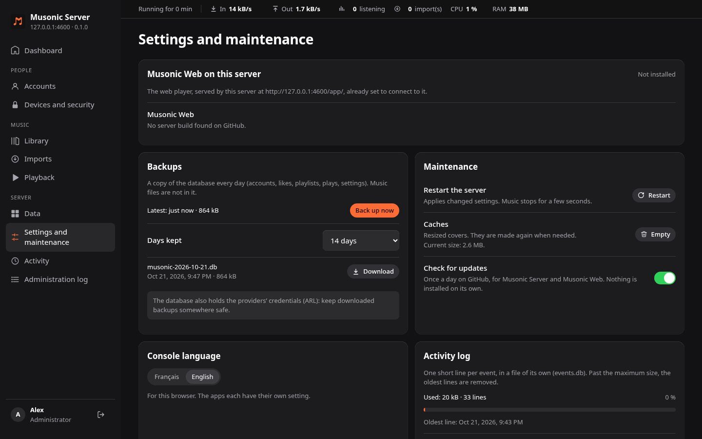 Settings and maintenance